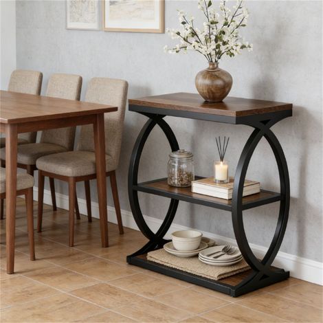 Table d'appoint étroite à 3 niveaux, étagère industrielle finition marron rustique, décoration de salon, rangement pour petits espaces (1/5)