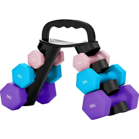Lot d'haltères hexagonaux, haltères musculation, 2 x 1 kg, 2 x 3 kg, 2 x 5 kg, avec support convertible d'haltères