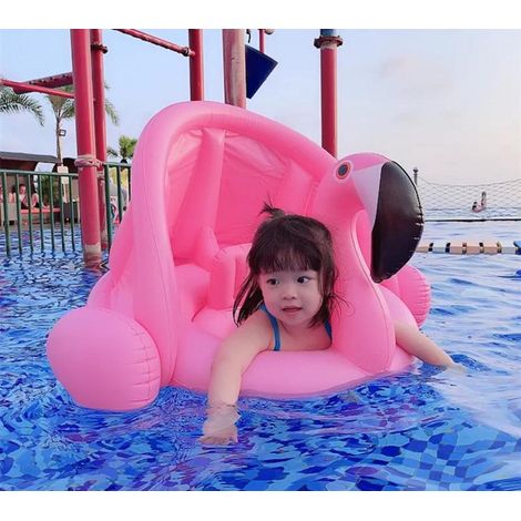 Bouée bébé avec pare-soleil, siège de piscine gonflable pour enfants de 6 mois à 3 ans, en PVC rose, idéale pour la baignoire et la piscine (été). (1/5)