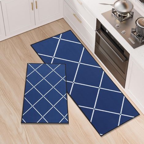 Tapis de Cuisine Set de 2, Tapis de Sol de Cuisine Lavables, Chemin Antidérapant, Tapis de Sol Absorbant pour l’entrée et Le Bureau de Décoration Intérieure, 43x75+43x120cm, Bleu (1/5)