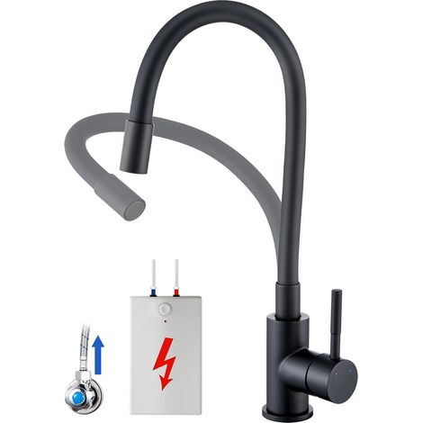 Flexible 3-Wege-Küchenarmatur für Niederdruck, 3-Port-Küchenarmatur für Niederdruck, 360° drehbarer Küchenmischer für Boiler und Spüle mit hohem Auslauf, Schwarz (1/5)