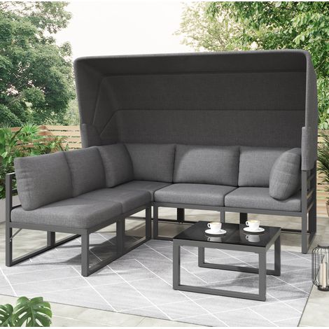 Salon de jardin 176/65/145 cm gris en fer galvanisé avec table en verre et toit ajustable (1/5)