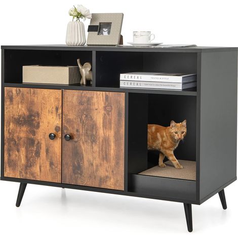 Goplus – Maison de toilette pour chat avec armoire à double porte – Compartiments et griffoir – Dimensions 90 x 50 x 70 cm – Style élégant noir (1/5)