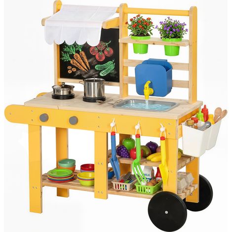 Cuisine enfant en bois avec roulettes, cuisine enfant exterieur avec eau courante, évier, plaque de cuisson, jaune