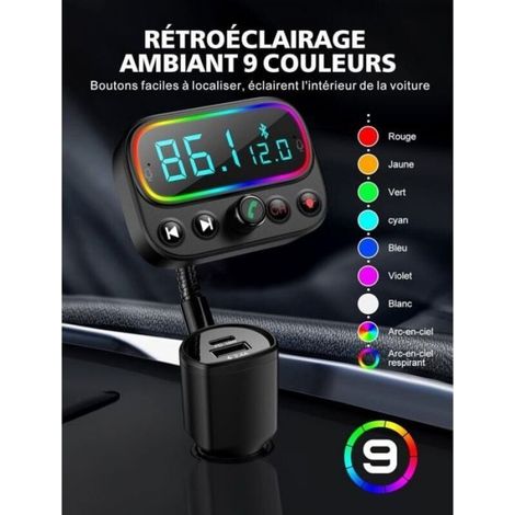 Bluetooth Voiture, Rapide USB C 18 W Transmetteur FM Bluetooth 5.0 avec 9 Couleurs Rétroéclairées, Écran 2.0" Allume Cigare Bluetoot (1/5)