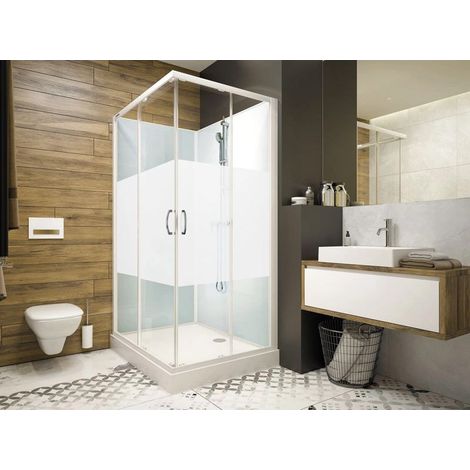Cabine de douche 80x80cm IZIGLASS 2 carrée portes d'angle coulissantes verre opaque central - Leda