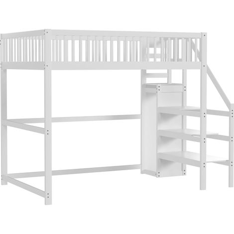 Letto a soppalco 140x200 con scala, bianco, in legno, con ripiano contenitore e armadio (1/5)