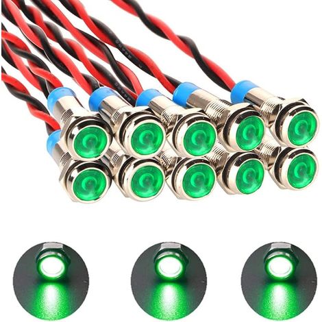 6mm 1/4" AC/DC 12-24V LED Métal Voyant Étanche Signal Lampe Pilote Dash Directionnel avec Fil (Vert) (1/4)