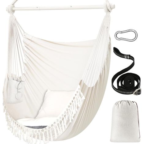 Sièges Suspendus 150 x 120 cm Fauteuil hamac Poids Maximal 227 kg Balançoire Suspendue Confortable et Large 2 Coussins Barre d'écartement en métal avec rainures antidérapantes Poche latérale (1/5)