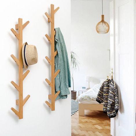 Porte-manteau mural bois naturel - patère arbre design - 8 crochets solides - rangement entrée, couloir, chambre - fixation murale incluse (1/4)