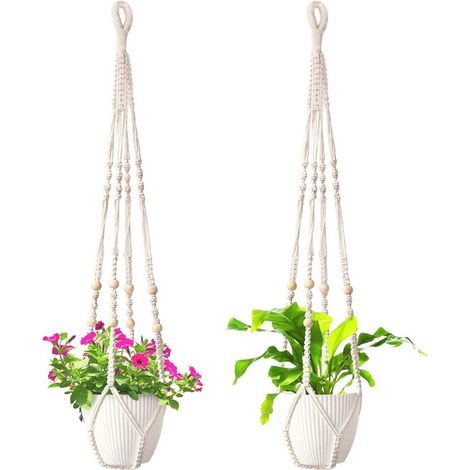 2er-Pack handgewebte Hängeampeln aus Baumwollseil im Boho-Stil mit Holzperlen für drinnen und draußen, 80 cm
