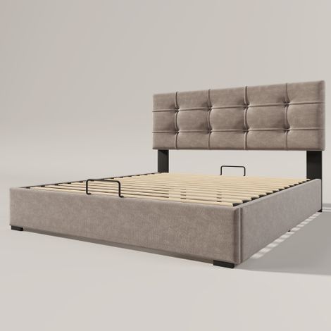 Lit double rembourré (140 x 200 cm) avec coffre de rangement à ouverture hydraulique, tête de lit réglable et sommier à lattes en métal — cadre de lit moderne en velours (gris clair). (1/5)