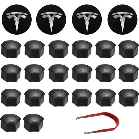 De Couverture De Roue Capuchon de Moyeu Central Car Wheel Nut Cover avec Outil Demontage pour Tesla Model 3, S X (Noir) (1/5)