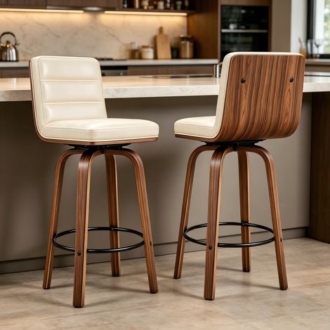Tabouret de bar pivotant 40x48x90 cm en bois et PU beige clair, moderne pour cuisine FloraGrace (1/5)
