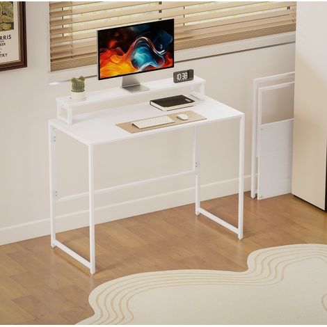 Escritorio plegable con soporte de pantalla desmontable, 100 x 48 x 87,5 cm, madera blanca, REDOM (1/5)