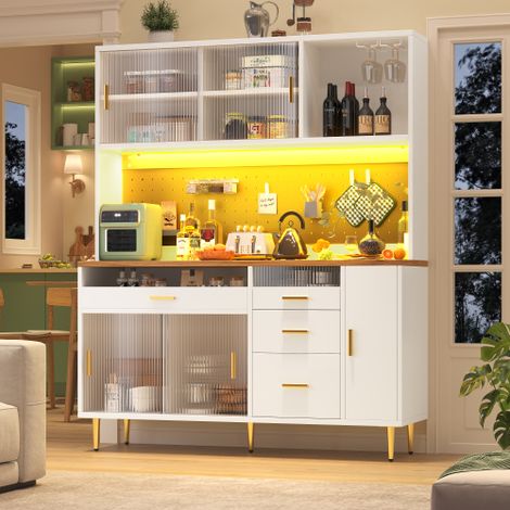 Credenza da cucina 145x39x171 cm - 4 ante in vetro - 4 cassetti - portabottiglie - con illuminazione a LED - bianca