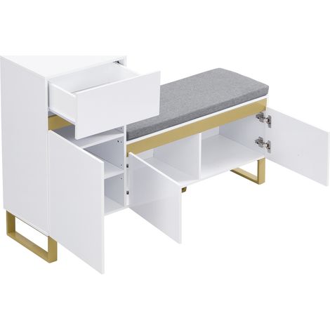 Mobile scarpiera multifunzione da ingresso in MDF bianco con panca imbottita, cassetto e vano aperto (1/5)