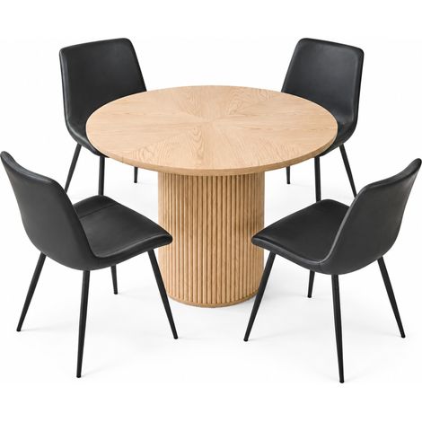 Table à manger ronde avec 4 chaises, 100 cm, MDF aspect bois, noir, MODENUIT (1/5)