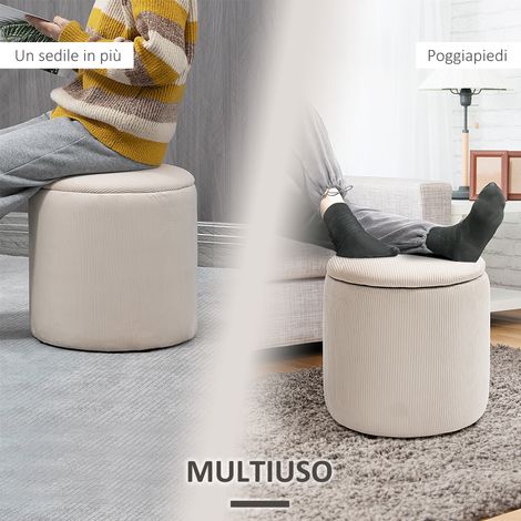 Lot de 2 poufs ronds blancs en velours côtelé, rangement intégré, assise matelassée gain de place