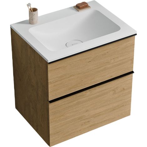 BERNSTEIN - Mueble lavabo suspendido MDF roble miel, lavabo fundición blanco mate sin orificio grifería, tirador cromado 60x46x62cm - LAVOA cromo, Roble Miel Oro, Blanco mate sin agujero para grifería