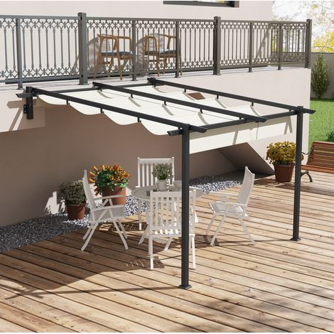 Pergola a parete 297 x 297 cm con tetto retrattile, drenaggio dell'acqua integrato, alluminio bianco crema (1/5)