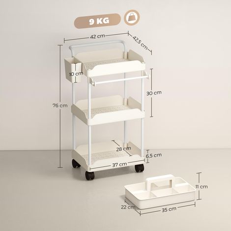 Chariot de rangement, 3 paniers, porte-serviettes, roulettes, poignée, structure métallique, blanc (1/5)