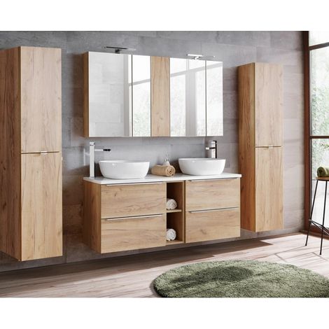 Badmöbelset mit Doppel-Waschtisch inkl. 2 Keramik-Aufsatzbecken TOSKANA-56 Wotaneiche/Hochglanz weiß BxHxT ca. 250/190/46cm (1/5)