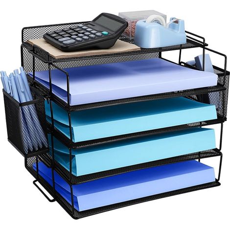 Schreibtisch Organizer mit Stifthalter, 4-Fach Metall Briefablage, Stapelbar (1/5)