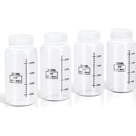 Recipiente para líquidos de 250 ml (8 oz) con boca ancha y tapa resellable - botella de plástico PP con gradiente reutilizable - mezcla de muestras de agua - 250 m (1/4)