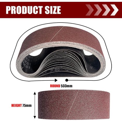 Bande Abrasive 75 x 533 mm(25 pièces), Bandes Abrasives Mixte (5x grains 40/60/80/120/180) pour Ponceuses à Bande,bande abrasive de ponceuse (1/5)