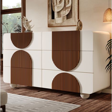 Cómoda de MDF blanco con 6 cajones, detalles madera color chocolate, 121 x 41 x 71 cm (1/5)