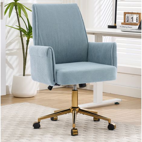 Fauteuil de bureau ergonomique avec accoudoirs, base en métal doré, revêtement en velours côtelé bleu (1/5)