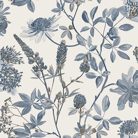 Papier peint floral botanique bleu indigo fond blanc (1/2)