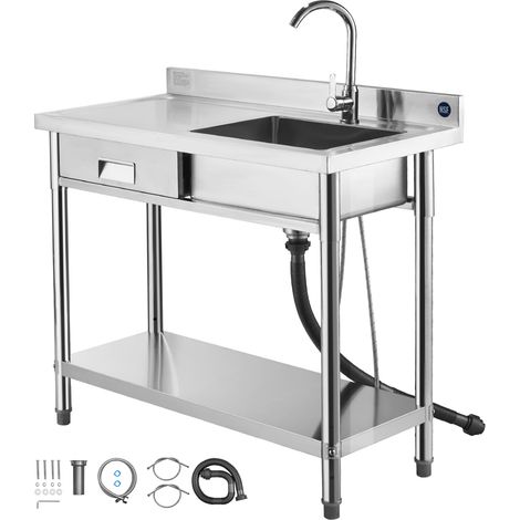 Mophorn Évier utilitaire en acier inoxydable pour cuisine, tiroir intégré, robinet et tuyau pour eau chaude et froide, idéal pour garage, restaurant ou buanderie, dimensions 100x50x94 cm (1/5)