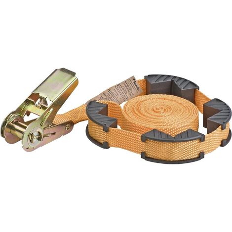 Sangle de tension kwb avec cliquet avec guide/protection des bords - 5 m de longueur, 25 mm de largeur, 245 daN - Testé TÜV/GS - Polypropylène (PP) - Résistant - Pour coller des pièces rectangulaires (1/5)