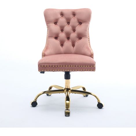 Home Office Chair,Modern Velvet Upholstered Tufted Button Home Office Chair with Golden Metal Base,Adjustable Desk Chair Swivel Office Chair (Pink),DE1923PK