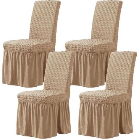 Elastic Dining Room Chair Covers 4 Pieces -Oatmeal, Elastic Seersucker Dining Room Chair Covers with Skirt, Chair Slipcover for Hotel Wedding Ceremony (1/5)