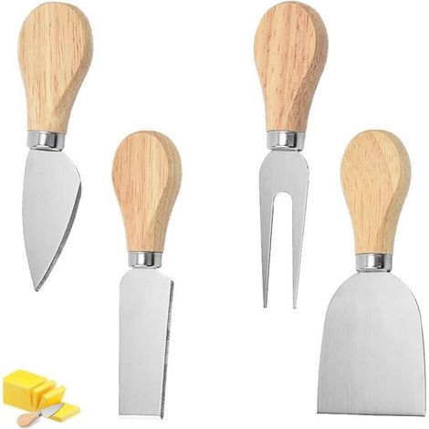4Pcs Couteau Fromage, Manche en Bois Couteau a Fromage, Inox Couteau a Beurre pour Sandwichs Au Beurre Petit- Déjeuner Au Fromage (1/4)