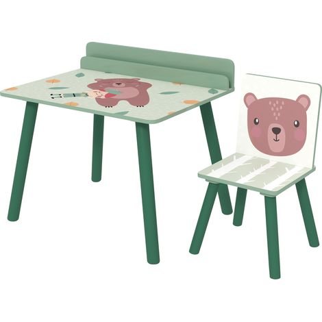Table enfant avec siège et rangement MDF pin vert (1/5)