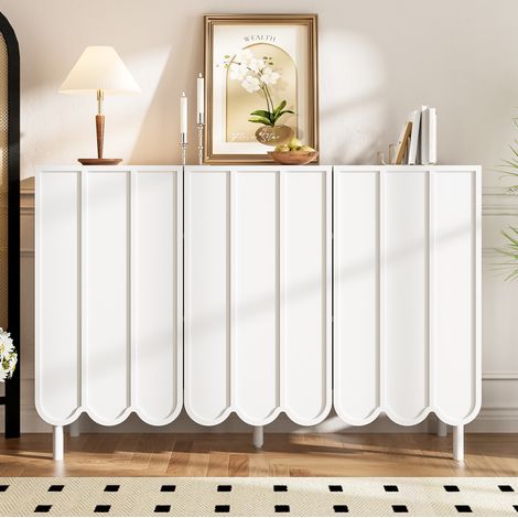 Aparador de salón blanco con 3 puertas onduladas y estantes ajustables, sin manijas, para salón, pasillo y comedor (1/5)