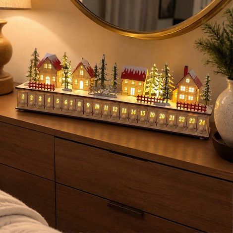Calendrier de l'Avent de bureau en forme de village de Noël, 24 tiroirs numérotés avec lumière LED chaude (1/5)