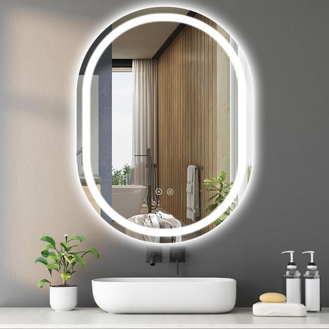 Sanitemodar – Miroir LED de salle de bain 60x80cm – Ovale avec lumières tricolores – Anti-buée et étanche IP44 – Installation bidirectionnelle