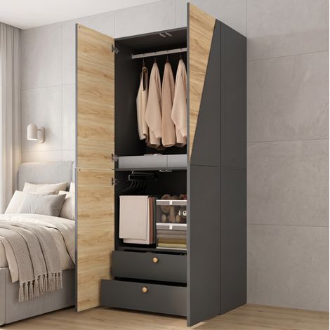 Armoire penderie 90x50x200 cm avec 2 tiroirs, porte-pantalons et boîte de rangement, MDF gris effet bois (1/5)