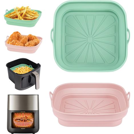 Moldes Silicona Freidora de Aire, 2 Piezas Bandeja Accesorios para Freidora sin Aceite Reutilizable Recipientes Cuadrado Cesta Utensilios para Air Fryer, Microondas, Horno (Rosa+Verde) (1/5)