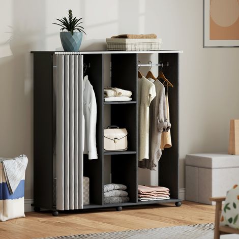 Armoire penderie roulante noire 120x40x128 cm, 6 roues, étagère de rangement en bois