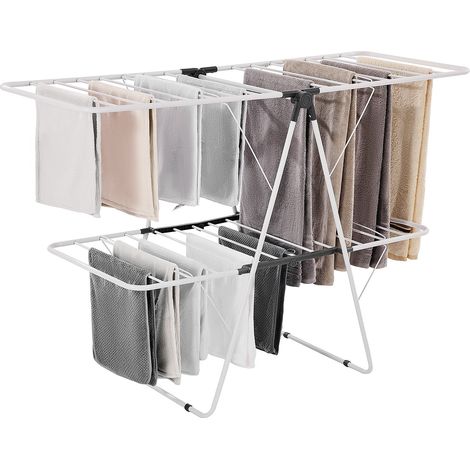 Étendoir à Linge Pliable, Séchoir à Linge sur Pied à 2 Niveaux, avec Pinces à Chaussettes et 31 Barres de Séchage, en Métal, Stable, Réglable en Hauteur, pour Extérieur et Intérieur, Blanc (1/5)