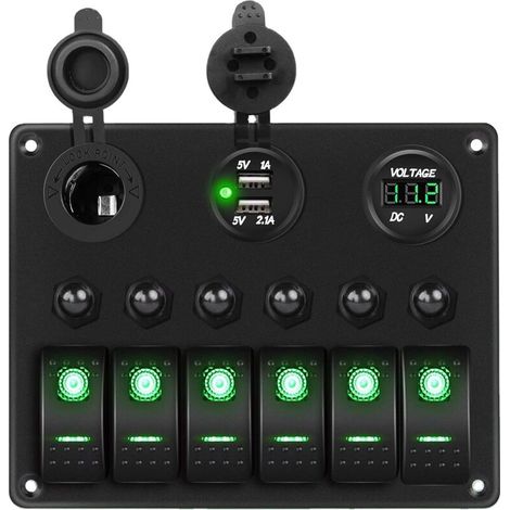 12V/24V LED-beleuchtetes Wippschalterfeld mit grüner Hintergrundbeleuchtung, Digitalvoltmeter, Dual-USB-Ladegerät, Zigarettenanzünderbuchse, Überlastschutz, für Auto, Wohnmobil, Boot