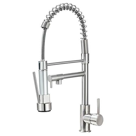 Robinet de cuisine à ressort spiralé pivotant à 360° avec deux becs, douchette amovible, nickel brossé (1/5)