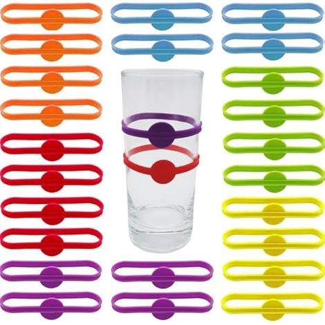 Marque-Verres, marqueurs de boissons en silicone, Autocollants d'identification de verre de fête, étiquettes de marqueur d'identification, pendentifs en Silicone (24 pièces, 6 couleurs) (1/3)