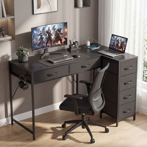 Bureau angle 6 Bois Noir tiroirs crochet latéral douilles intégrées acier 126x48x80 cm (1/4)